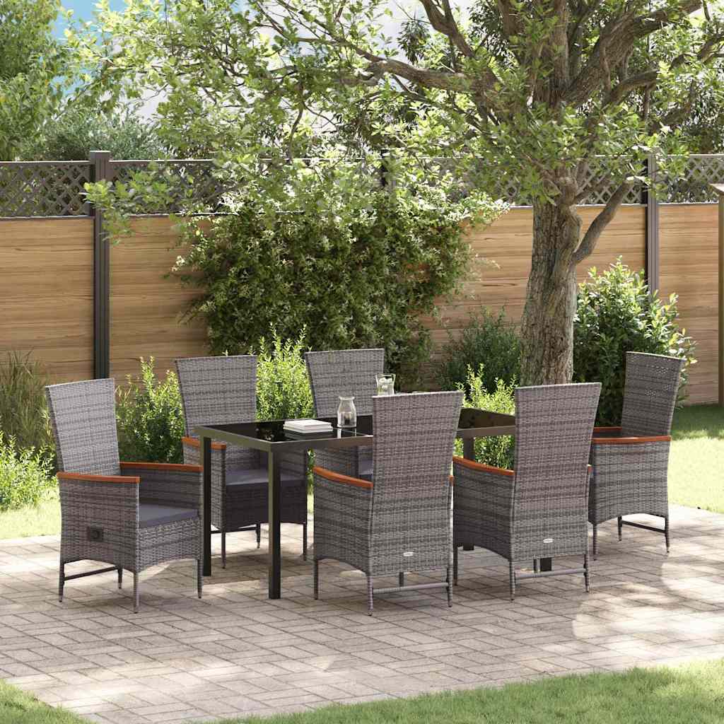 7-teiliges Garten-Esszimmer-Set mit Kissen Grau Poly-Rattan