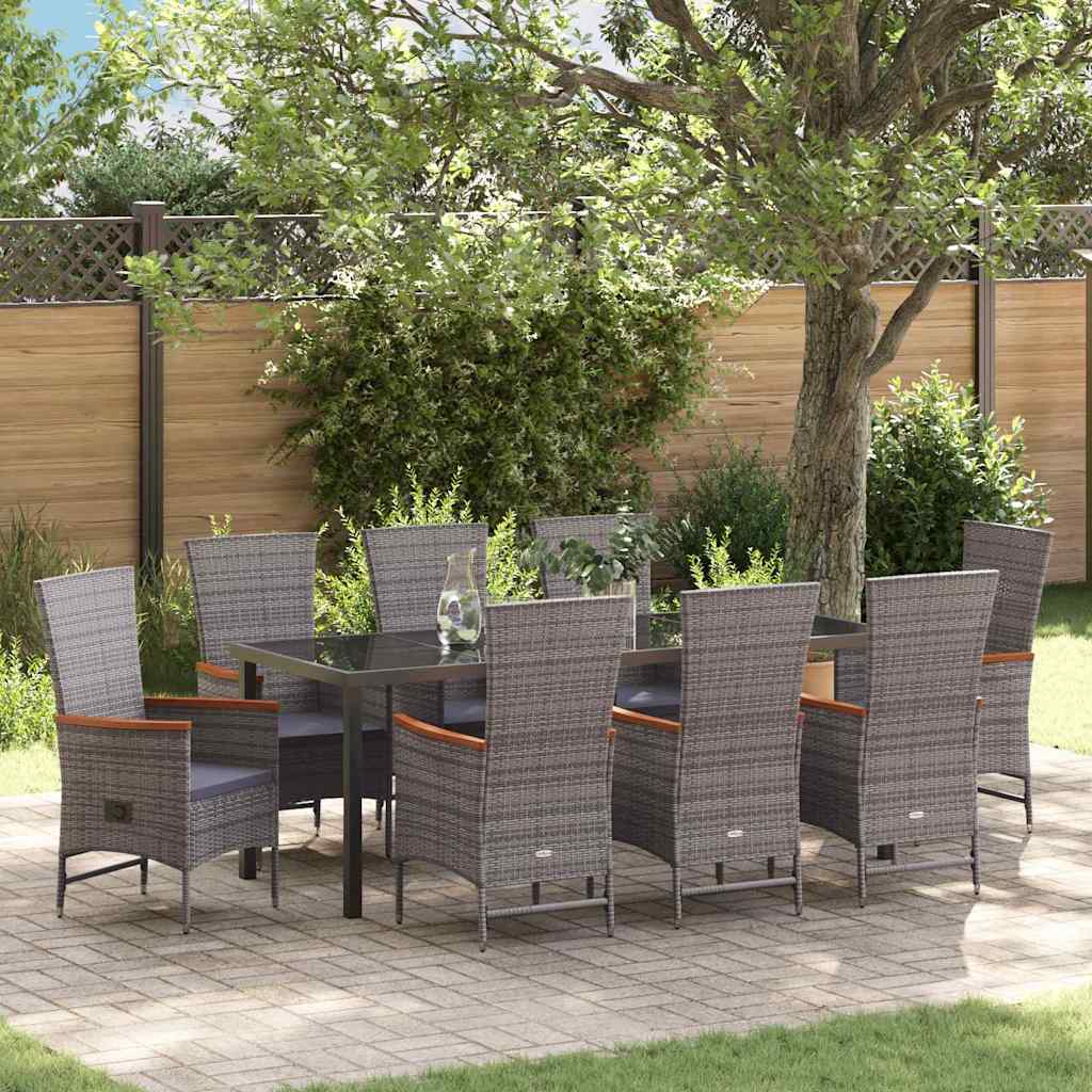 9-teiliges Gartentisch-Set mit Kissen Grau Poly-Rattan