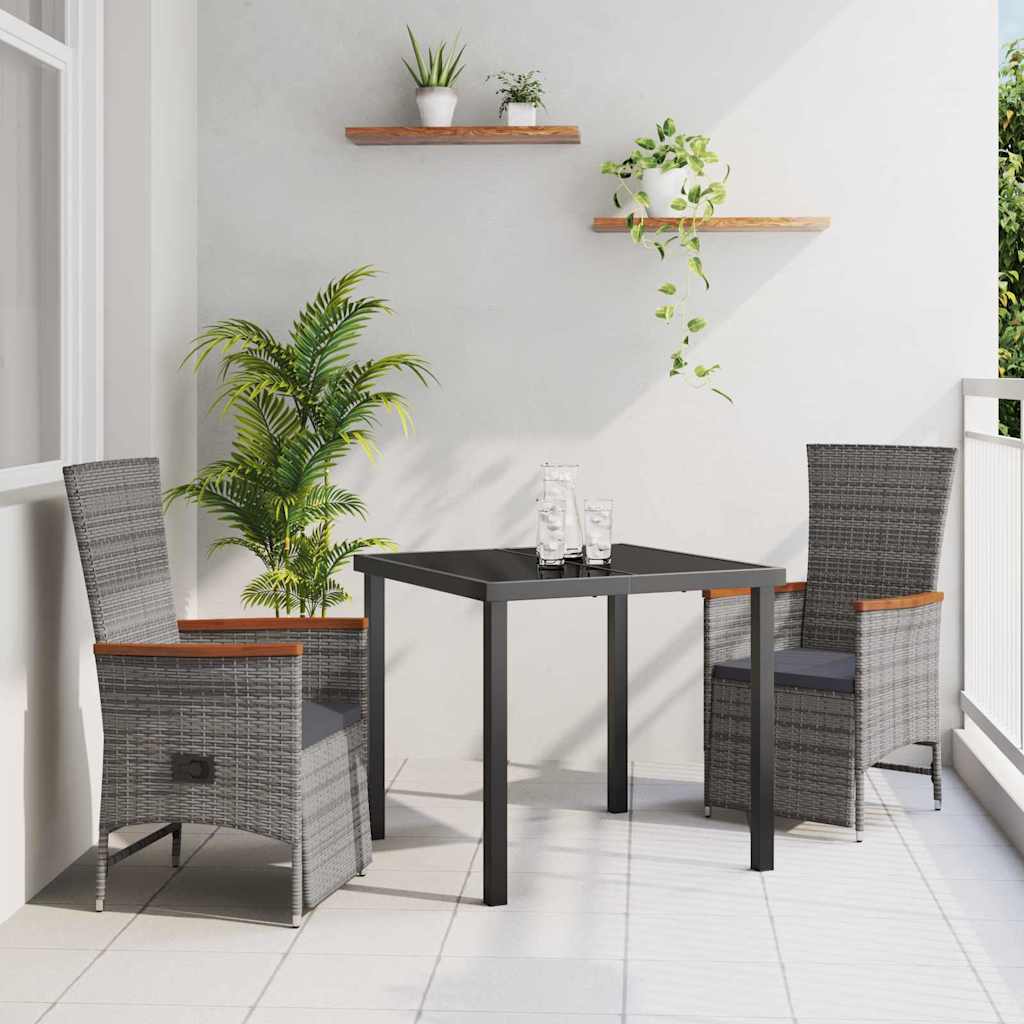 3-teiliges Garten-Esszimmer-Set mit Kissen grau Poly-Rattan
