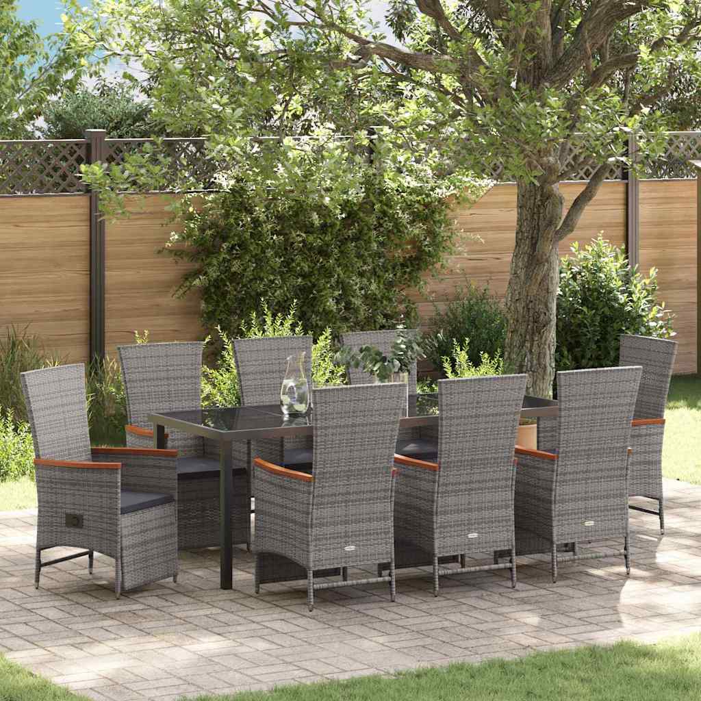 vidaXL Garten Essgruppe mit Kissen 9 pcs Grau Poly-Rattan
