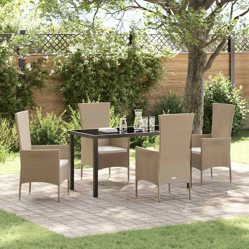 5-teiliges Garten Esszimmer Set mit Kissen Beige Poly Rattan