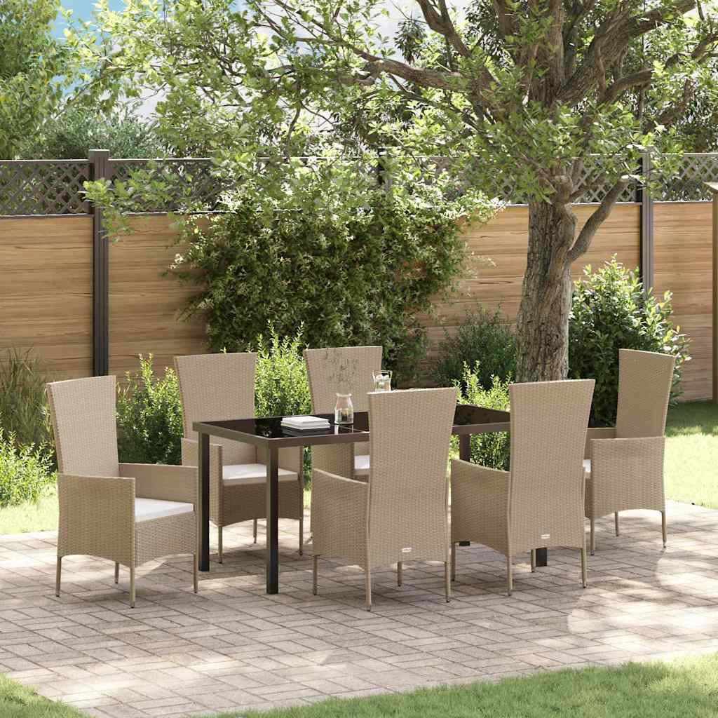 7 Personers Have Spisesæt med Puder Beige Poly Rattan&&vidaXL Have Bord Sort 160x80x73 cm Hærdet Glas