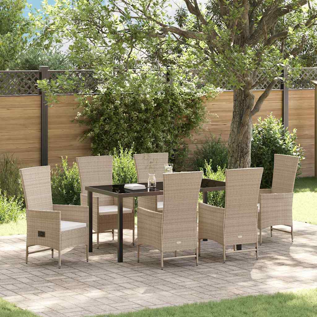7-teiliges Garten-Essenset mit Kissen Beige Poly Rattan