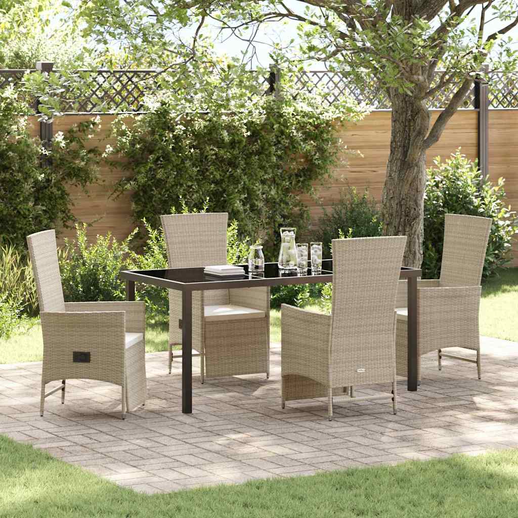 5-teiliges Garten-Dining-Set mit Kissen in Beige, Poly-Rattan