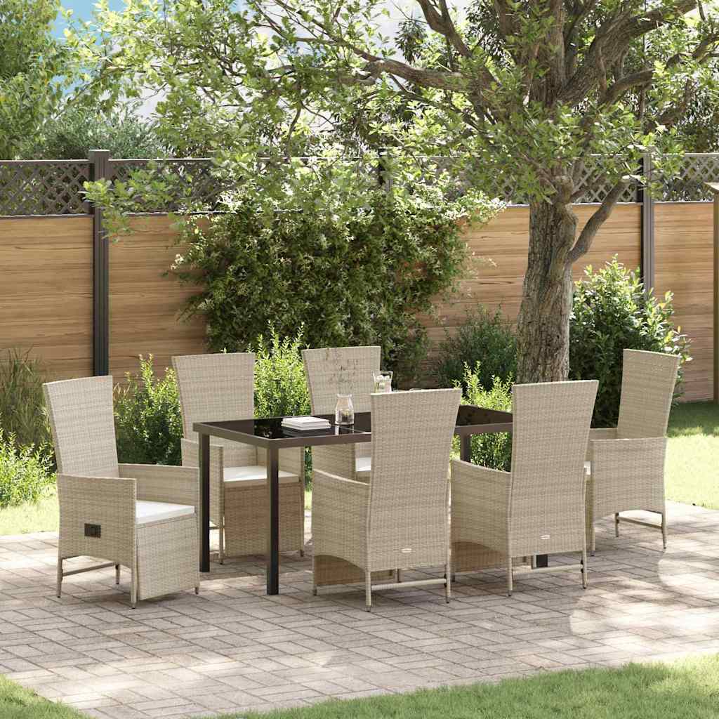 7-teiliges Garten-Dining-Set mit Kissen Beige Poly Rattan