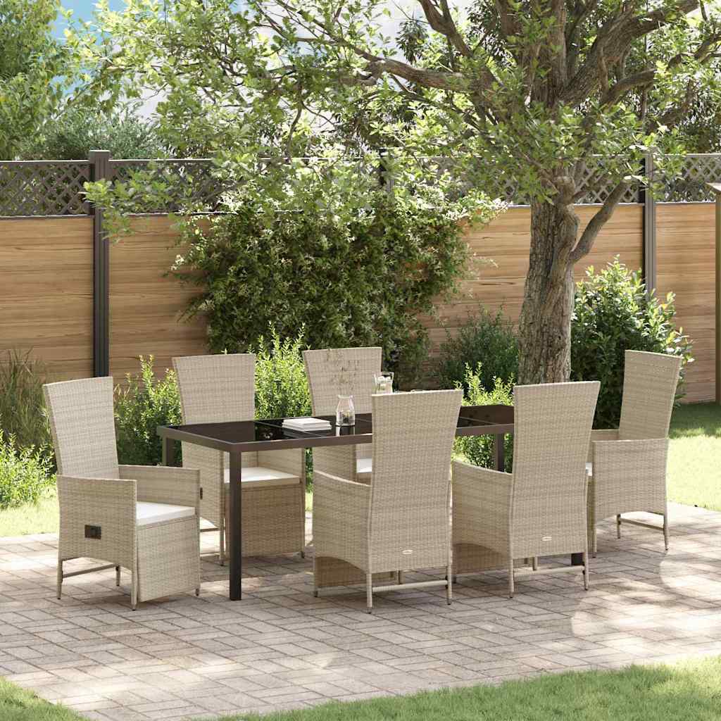 7 Stykker Have Spisesæt med Hynder Beige Poly Rattan