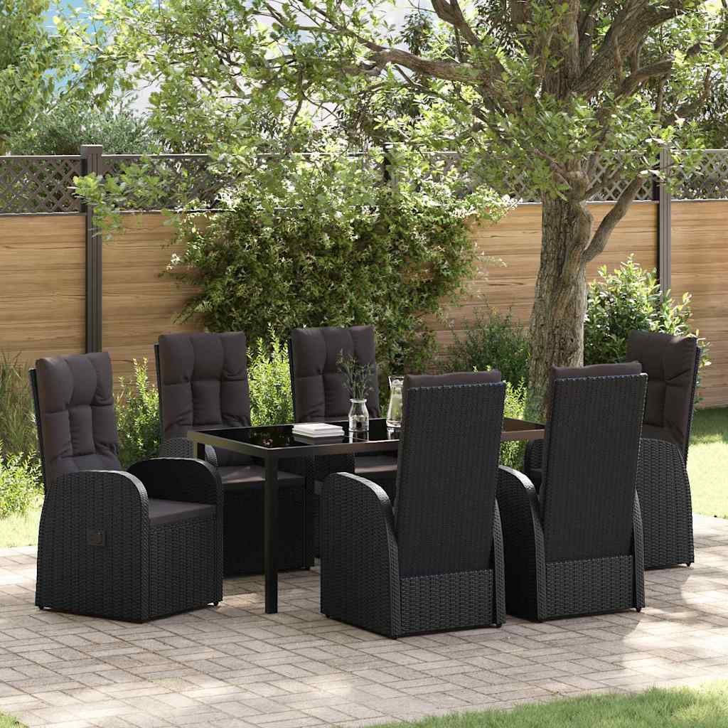 7 Stykke Have Spisesæt med Puder Sort Poly Rattan