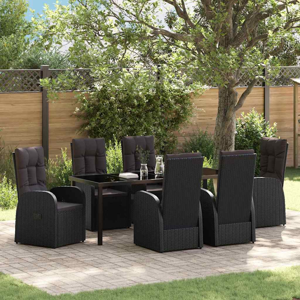 7 Delt Have Spisestel med Puder Sort Polyrattan