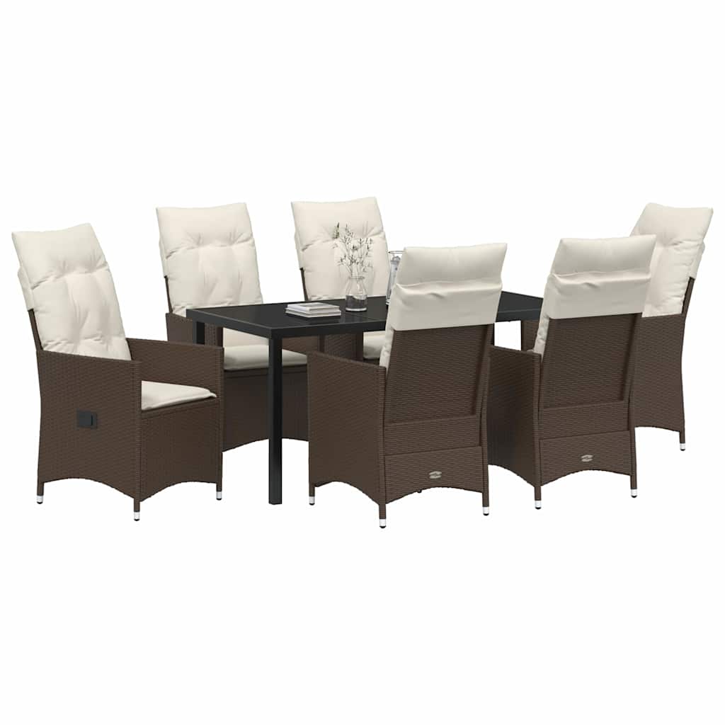 vidaXL 7-delige tuin eettafelset met kussens in bruin poly rattan