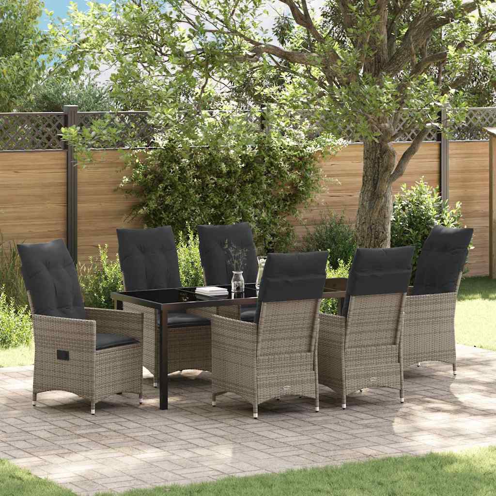 7 Piece Garden Dining Set med puder i Grå Poly Rattan