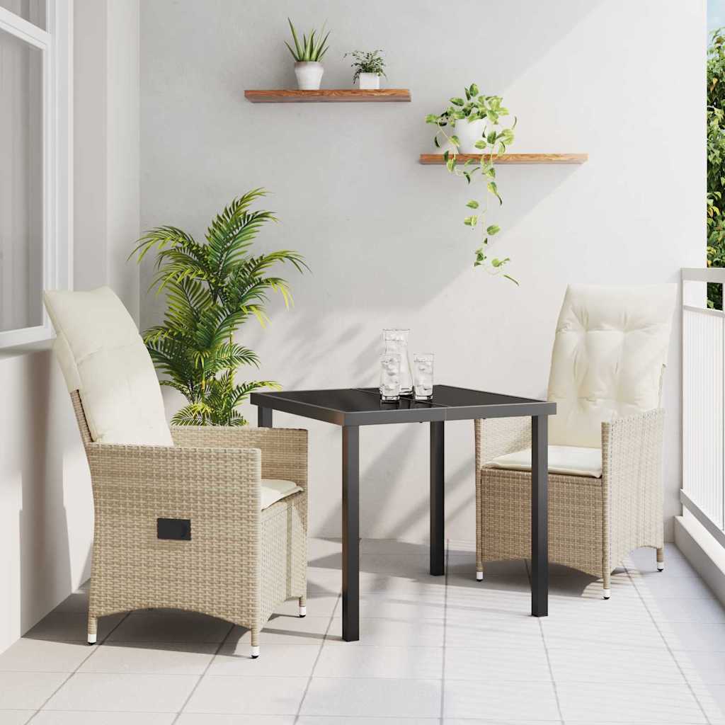 3-teiliges Garten-Esszimmer-Set mit Kissen Beige Poly Rattan