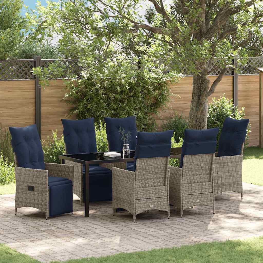 7 частен комплект градинска трапезария с възглавници Grey Poly Rattan, vidaXL Градинска маса черна 200x80x73 см закалено стъкло