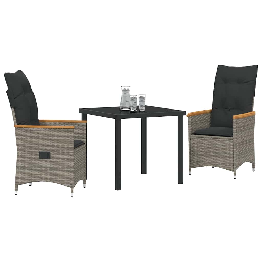 vidaXL 3-delige Tuinset met Kussens - Grijze Poly Rattan