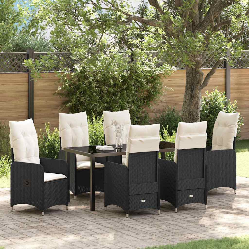 7-tlg. Garten-Essgruppe mit Kissen Schwarz Poly Rattan