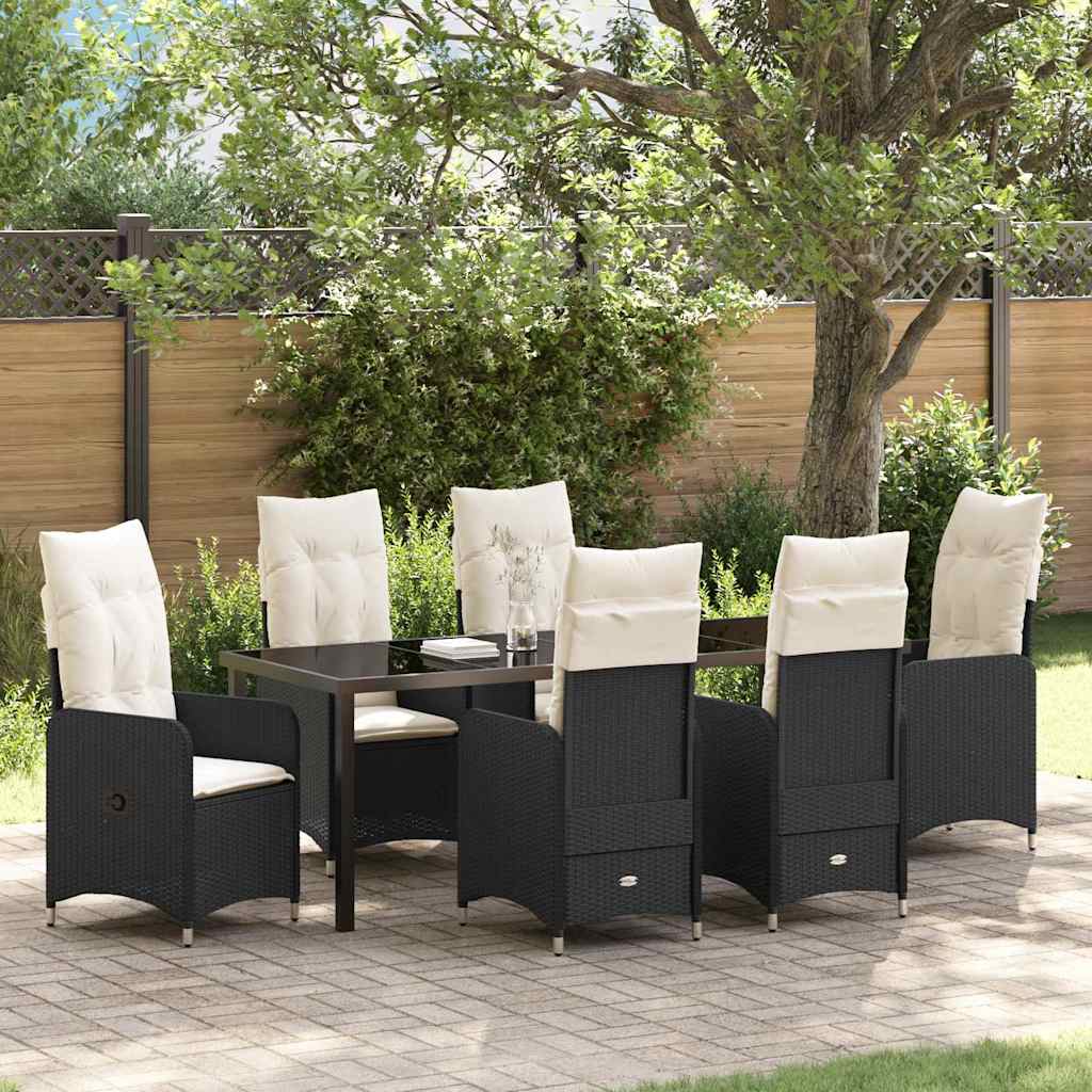 7-tlg. Garten-Essgruppe mit Kissen Schwarz Poly Rattan