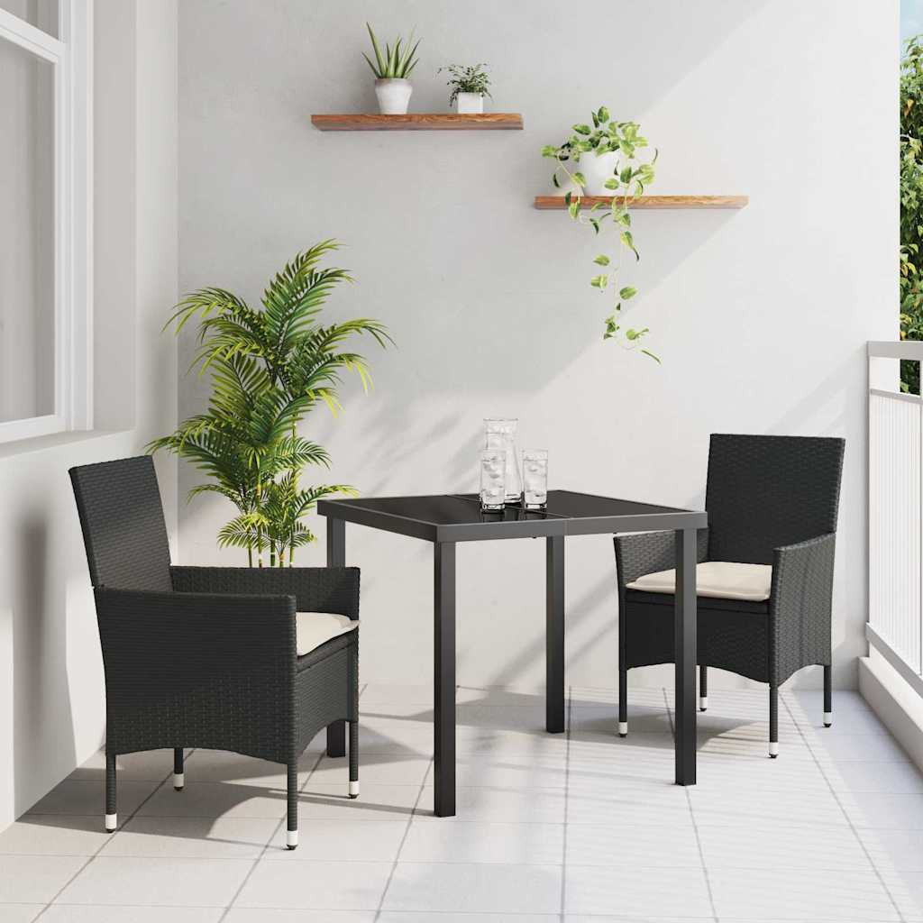 3 Stykke Have Spisesæt med puder Sort poly rattan, vidaXL Havebord Sort 80x80x73 cm Tempereret glas