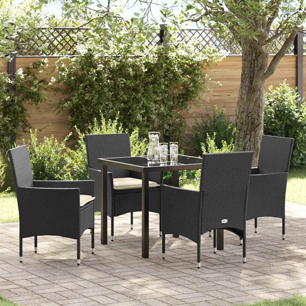 5-delt have spisebord med puder, Sort poly rattan, vidaXL havebord Sort 80x80x73 cm, Tempereret glas