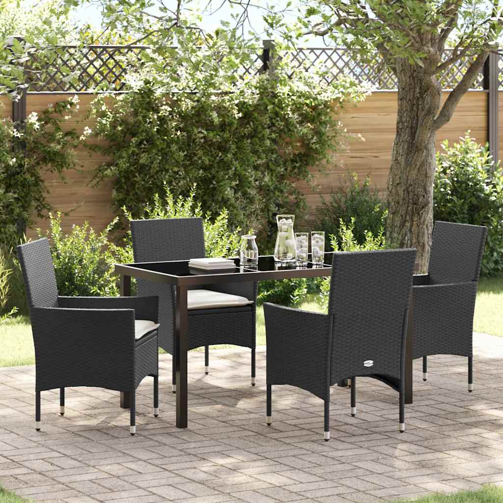 5 Stykker Have Spisebord Sæt med Puder Sort Poly Rattan, vidaXL Havebord Sort 140x80x73 cm Tempereret Glas