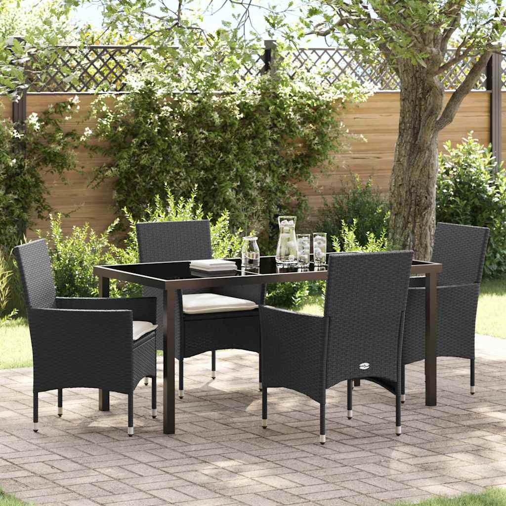 5 Delers Have Spisebord Sæt med Puder Sort Polyrattan, vidaXL Have Bord Sort 160x80x73 cm Tempereret Glas