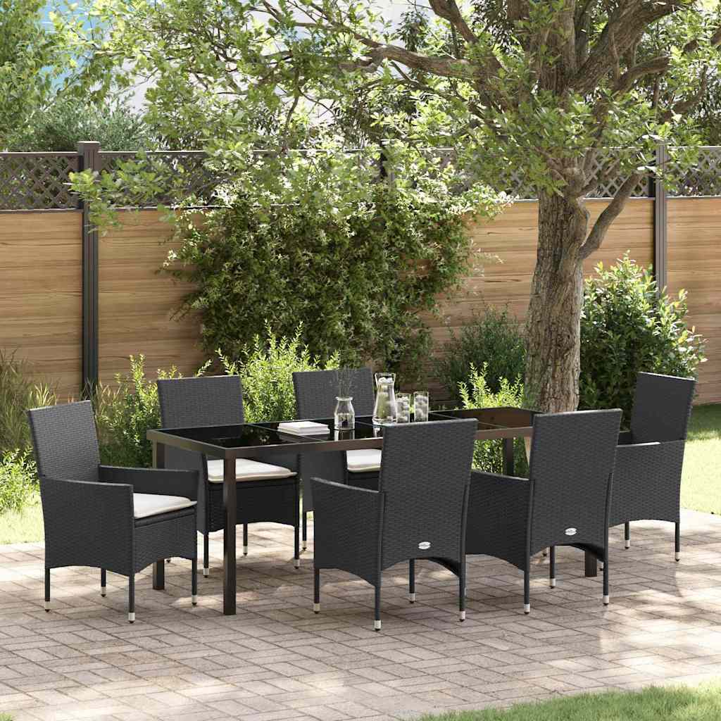 7 Personers Have Spisebordssæt med Puder Sort Poly Rattan, vidaXL Have Tabel Sort 200x80x73 cm Hærdet Glas