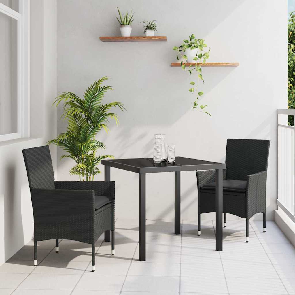 3 Delt Have Spisebord Sæt med Pudere Sort Poly Rattan, vidaXL Have Bord Sort 80x80x73 cm Tempereret Glas
