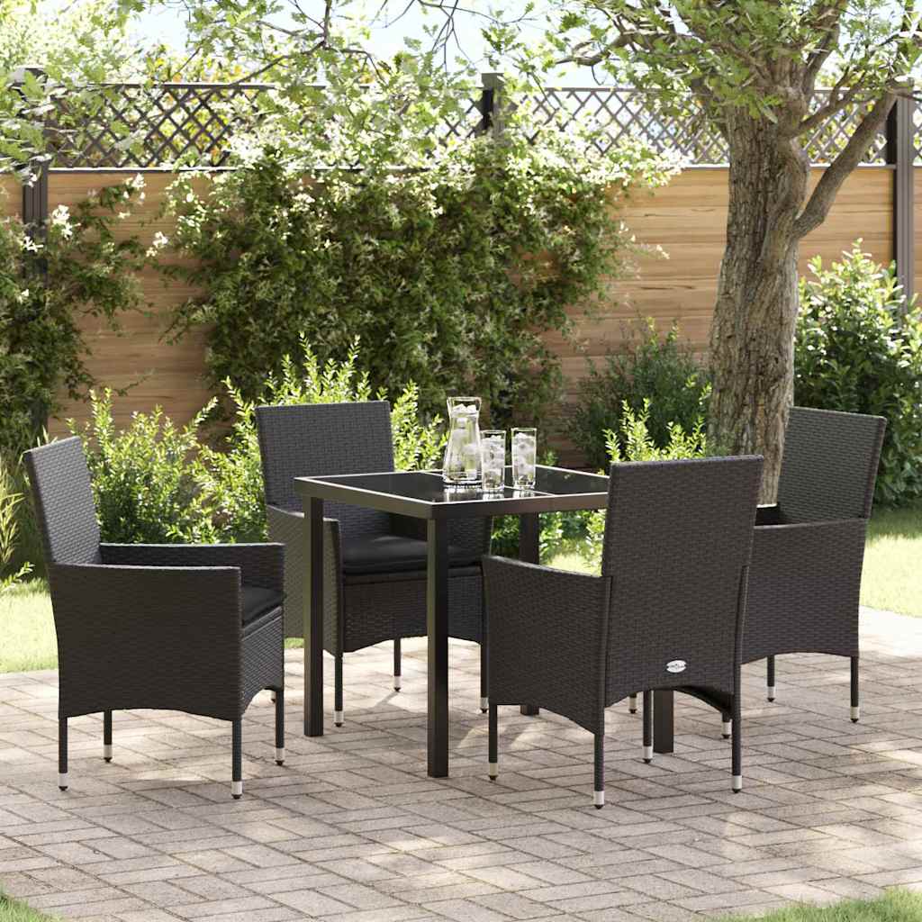 5 dele have spisebord sæt med puder sort poly rattan, vidaXL havebord sort 80x80x73 cm hærdet glas