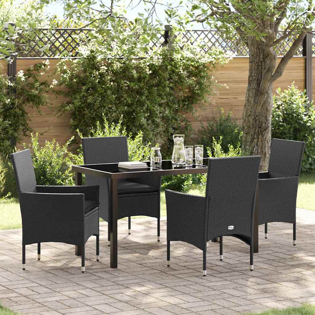 5 Delers Have Spisesæt med Puder Sort Poly Rattan, vidaXL Have Bord Sort 140x80x73 cm Tempereret Glas