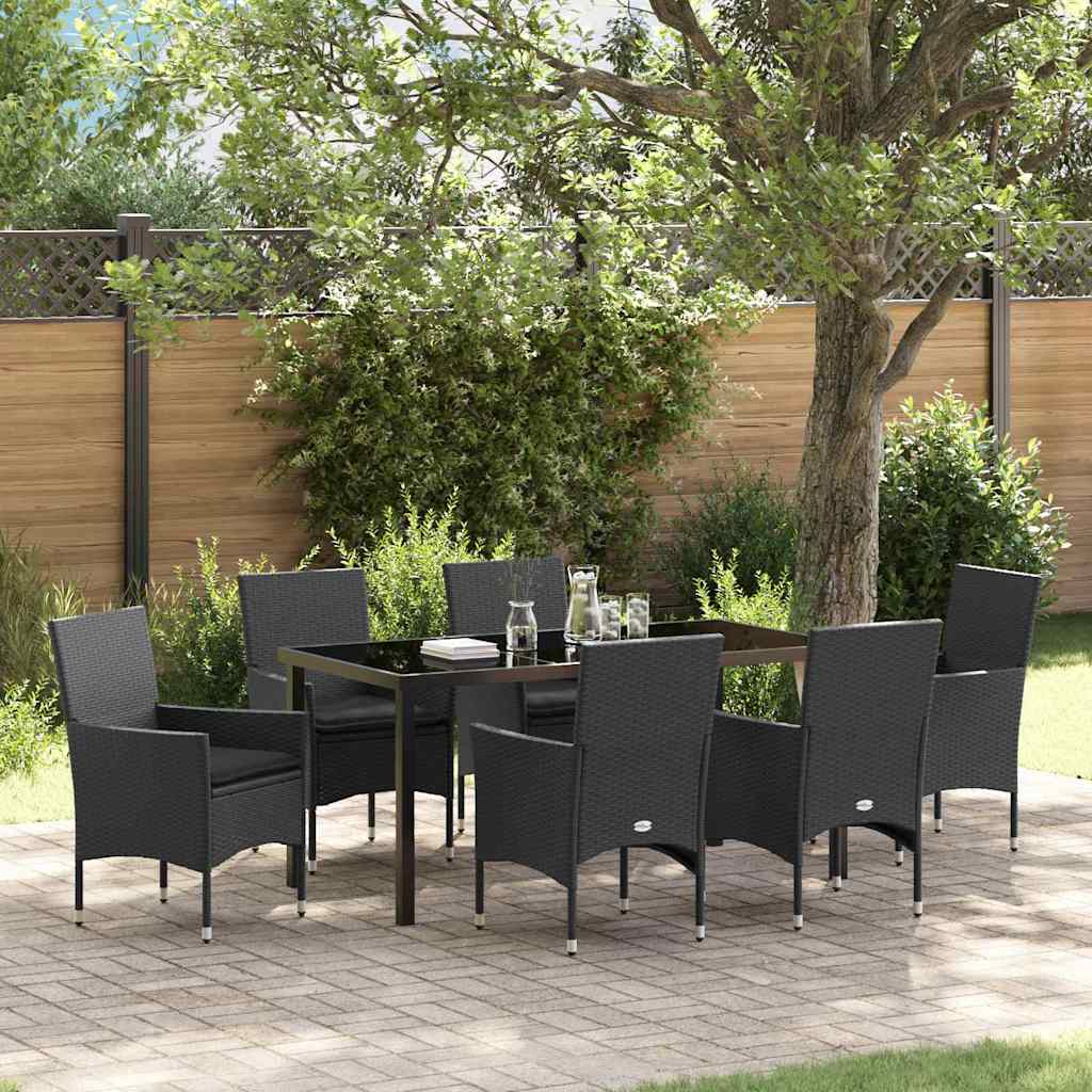 7 Deles Have Spisebord Sæt med Puder Sort Poly Rattan, vidaXL Have Bord Sort 160x80x73 cm Tempereret Glas