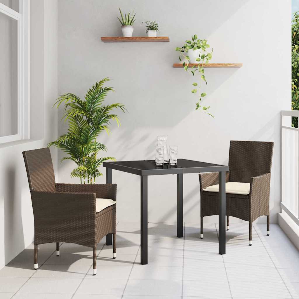 3 Deles Have Spise Sæt med Puder Brun Poly Rattan, vidaXL Have Bord Sort 80x80x73 cm Tempereret Glas