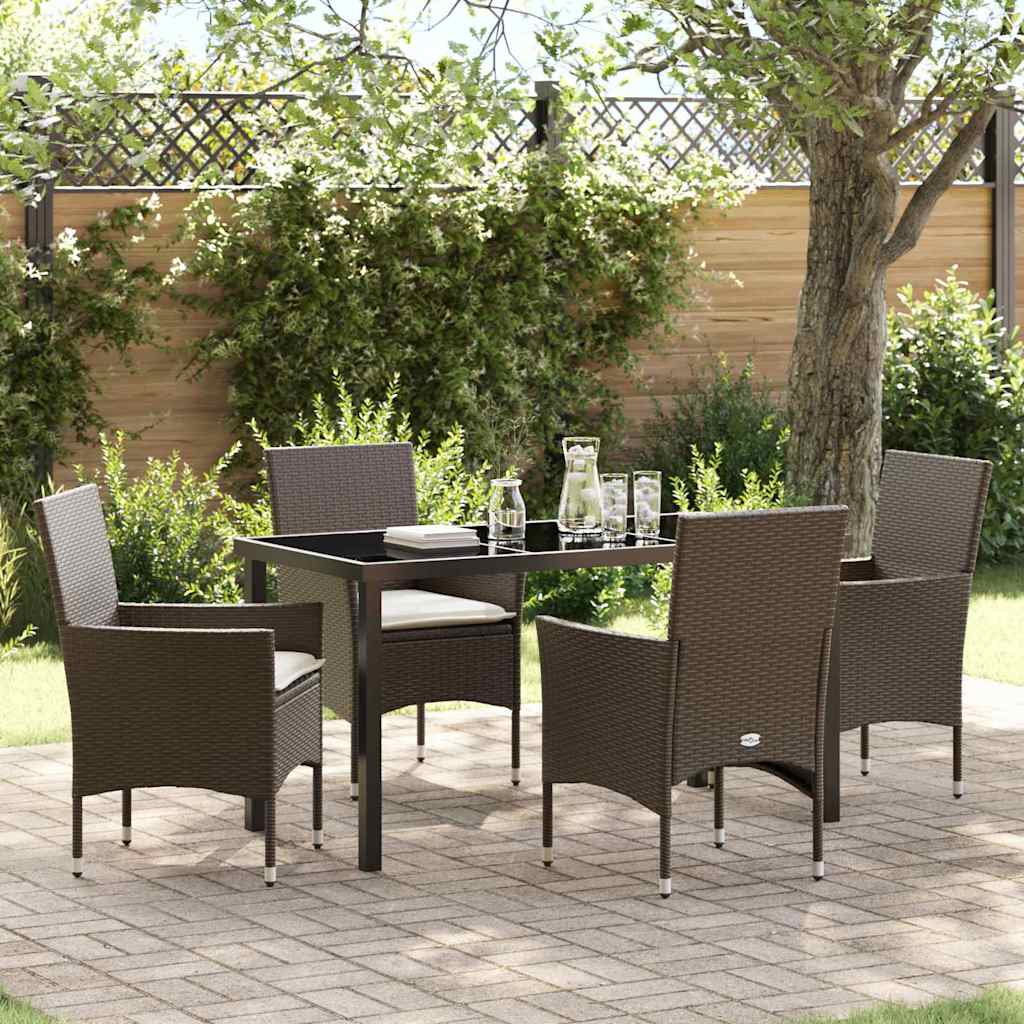 5 Delt Have Spisesæt med Puder Brun Poly Rattan, vidaXL Have Bord Sort 140x80x73 cm Hærdet Glas