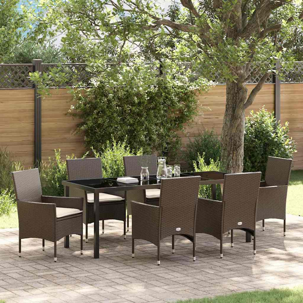 7 Personers Havemøbel Sæt med Puder Brun Poly Rattan, vidaXL Havemøbel Bord Sort 200x80x73 cm Hærdet Glas