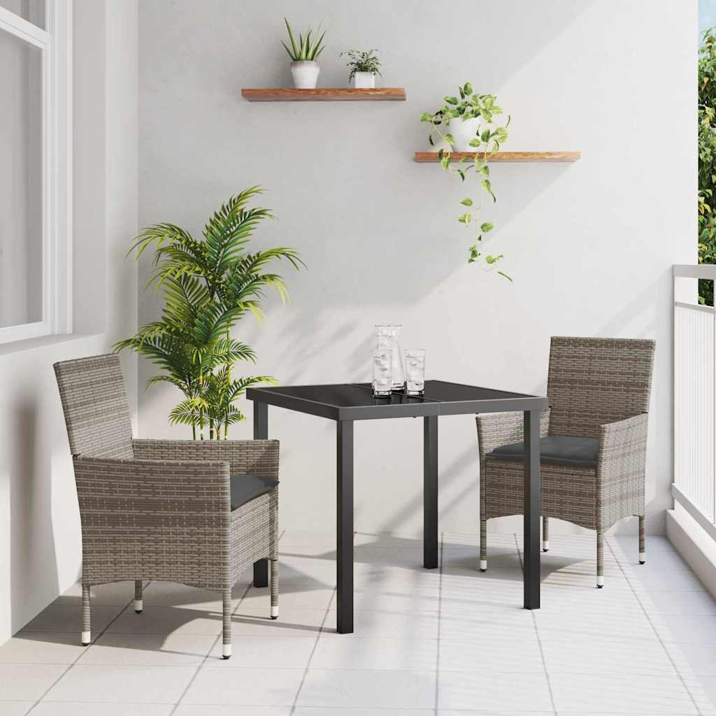 3 Stykke Have Spisebord Sæt med Puder Grå Poly Rattan, vidaXL Have Bord Sort 80x80x73 cm Tempereret Glas