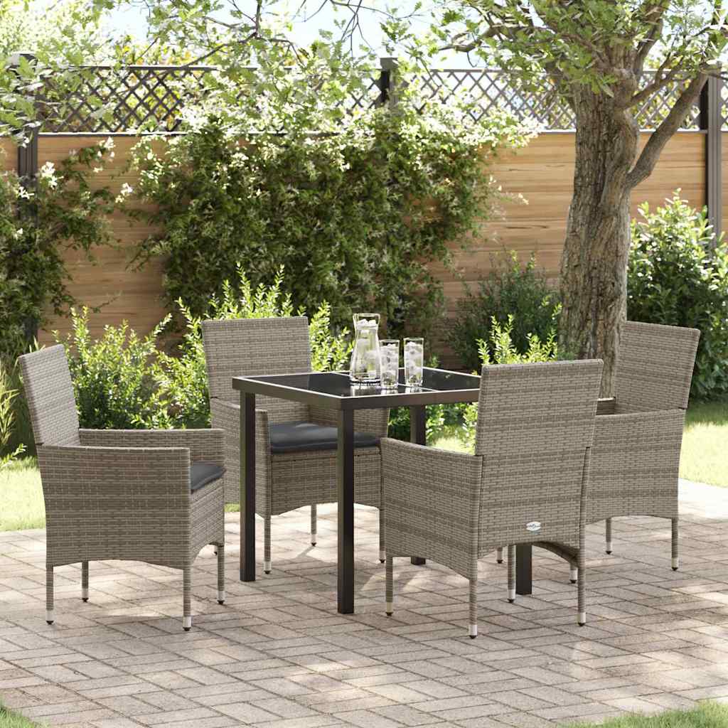 5 Deles Havemøbel Sæt med Puder Grå Poly Rattan, vidaXL Havemøbel Bord Sort 80x80x73 cm Tempereret Glas