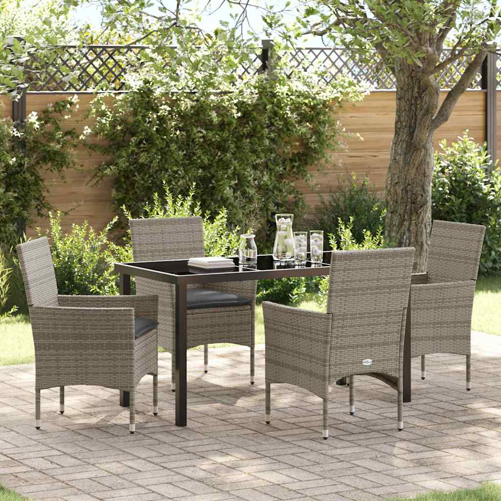 5 Personers Have Spisestel med Puder Grå Polyrattan, vidaXL Have Bord Sort 140x80x73 cm Tempereret Glas