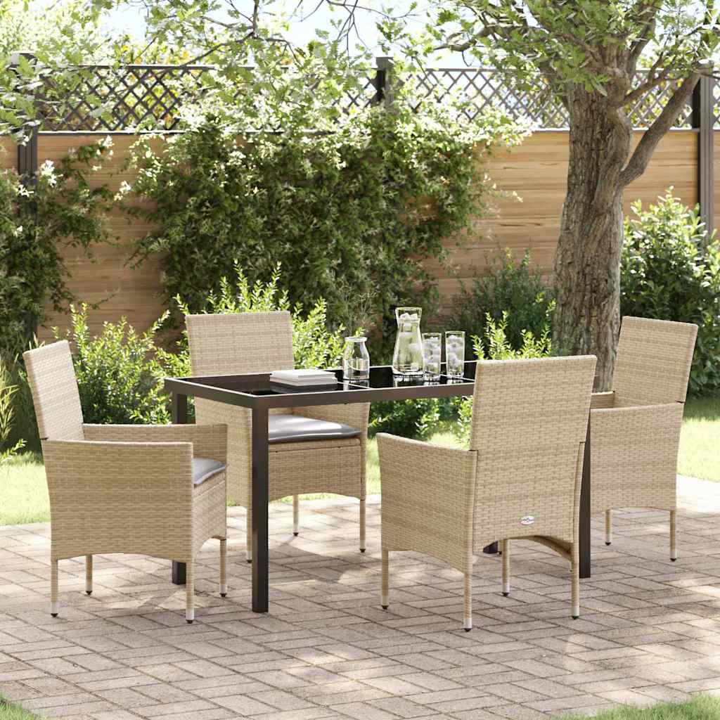 5 Dels Have Spisebord med Puder Beige Poly Rattan, vidaXL Havebord Sort 140x80x73 cm Tempereret Glas