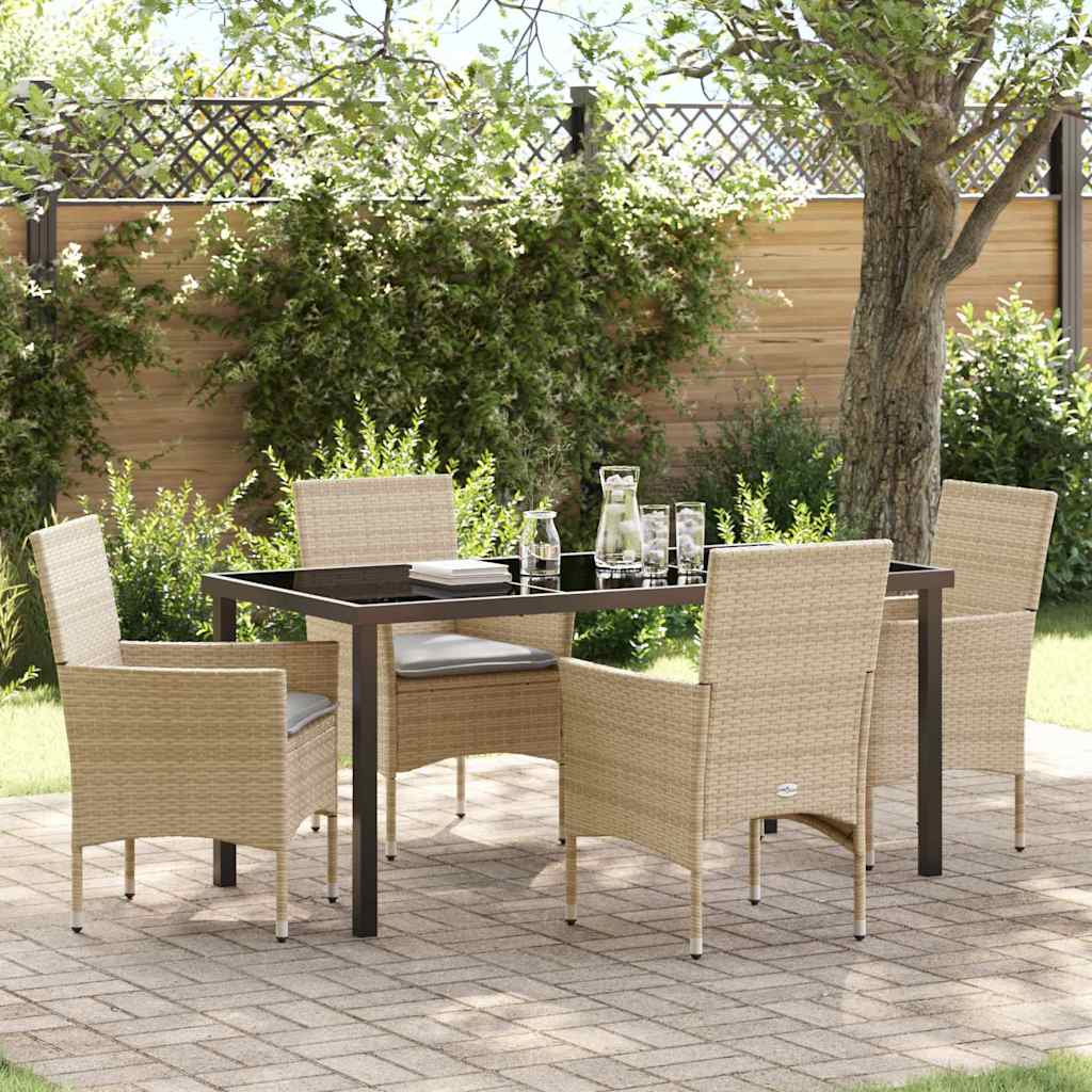 5 Delers Have Spisesæt med Puder Beige Poly Rattan, vidaXL Havebord Sort 160x80x73 cm Tempereret Glas
