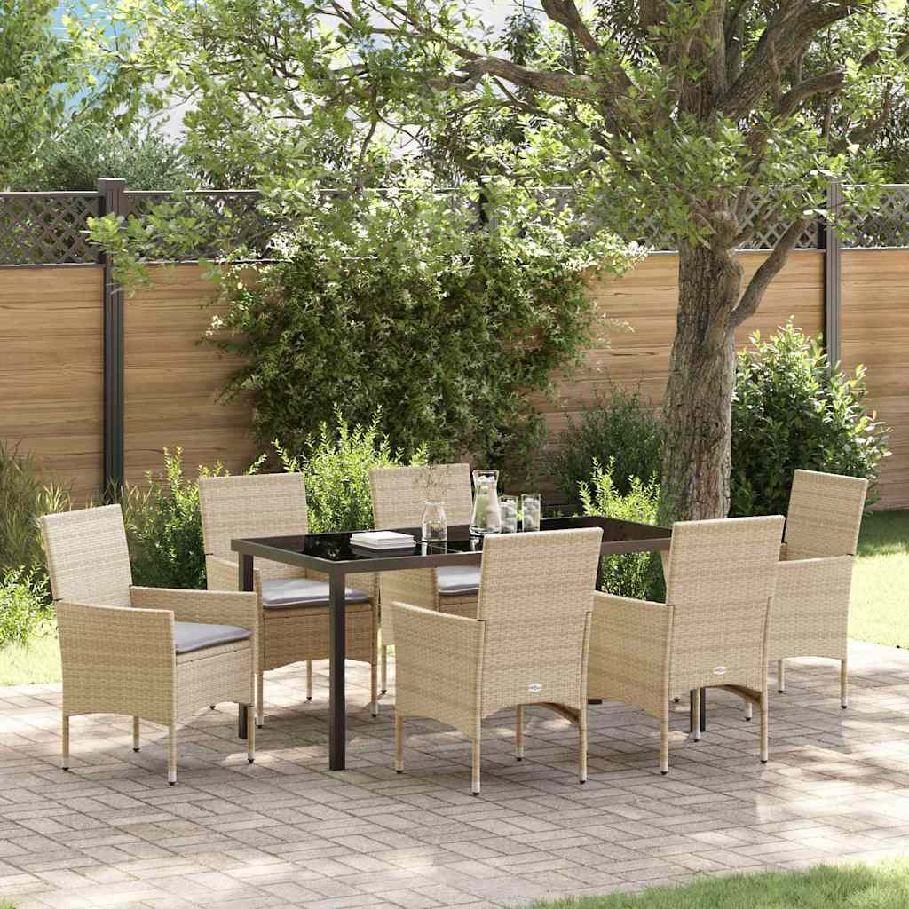 7 Delers Have Spise Sæt med Puder Beige Poly Rattan, vidaXL Have Bord Sort 160x80x73 cm Tempereret Glas