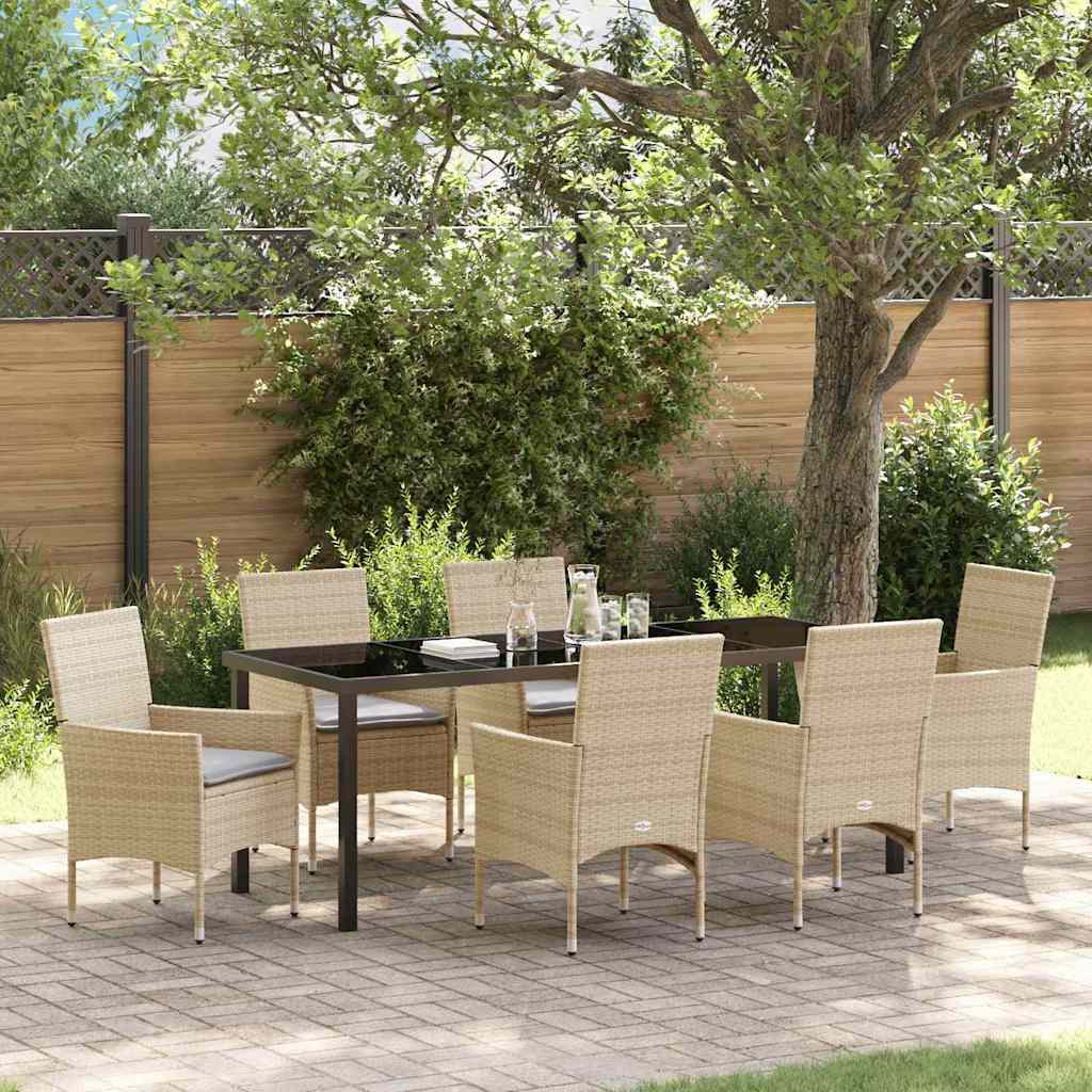 7 Delers Havedining sæt med puder Beige Poly Rattan, vidaXL Havetabel Sort 200x80x73 cm Tempereret glas