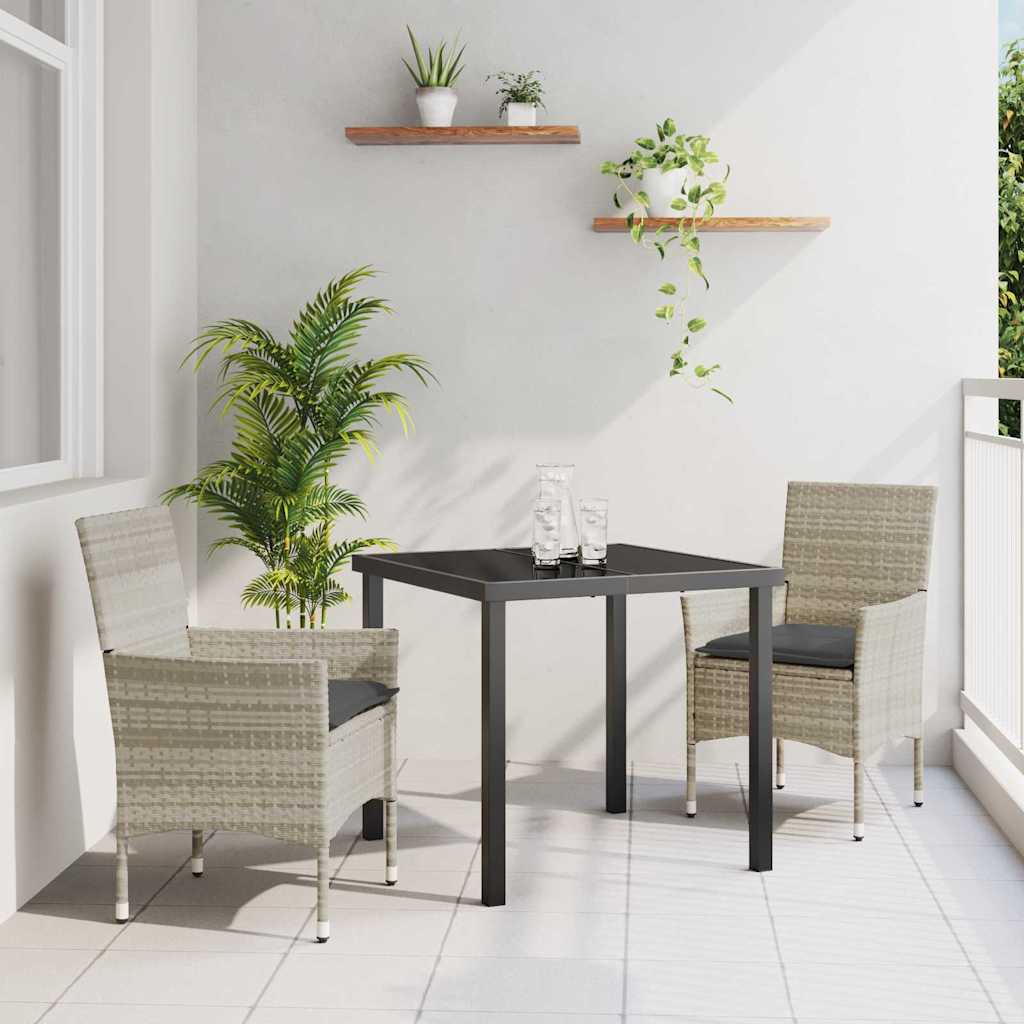 3 Styk Have Spisebord Sæt med Puder, Lys Grå Poly Rattan, vidaXL Have Bord Sort 80x80x73 cm, Tempereret Glas