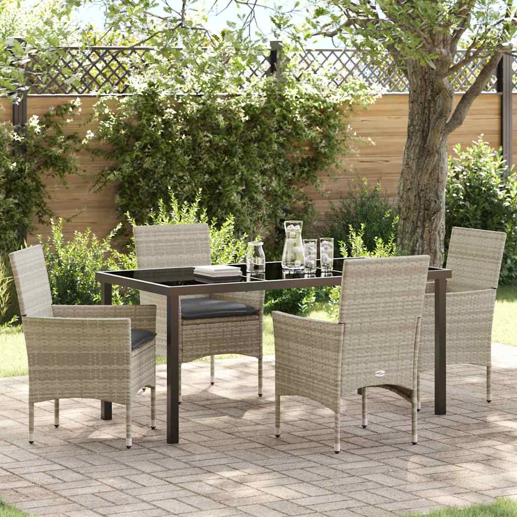 5 Deles Have Spisebord Set med Puder Lys Grå Poly Rattan, vidaXL Have Bord Sort 160x80x73 cm Tempereret Glas