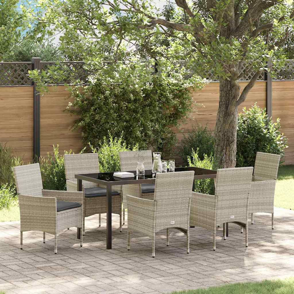 7 Personers Have Spisebord Sæt med Puder Lysegrå Poly Rattan, vidaXL Havebord Sort 160x80x73 cm Hærdet Glas