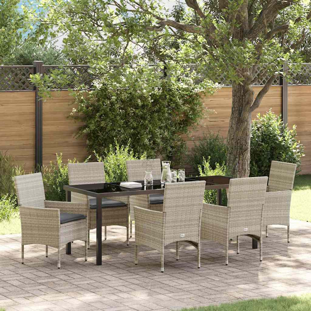 7-Personers Have Spisebordssæt med puder Lysegrå Poly Rattan, vidaXL Havebord Sort 200x80x73 cm Tempereret Glas