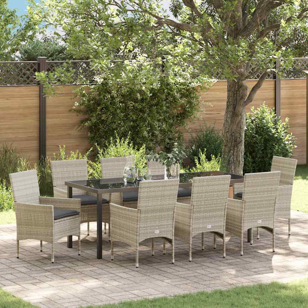9-dels Have Spisebordssæt med puder Lyst Grå Poly Rattan, vidaXL Havebord Sort 200x80x73 cm Tempereret Glas