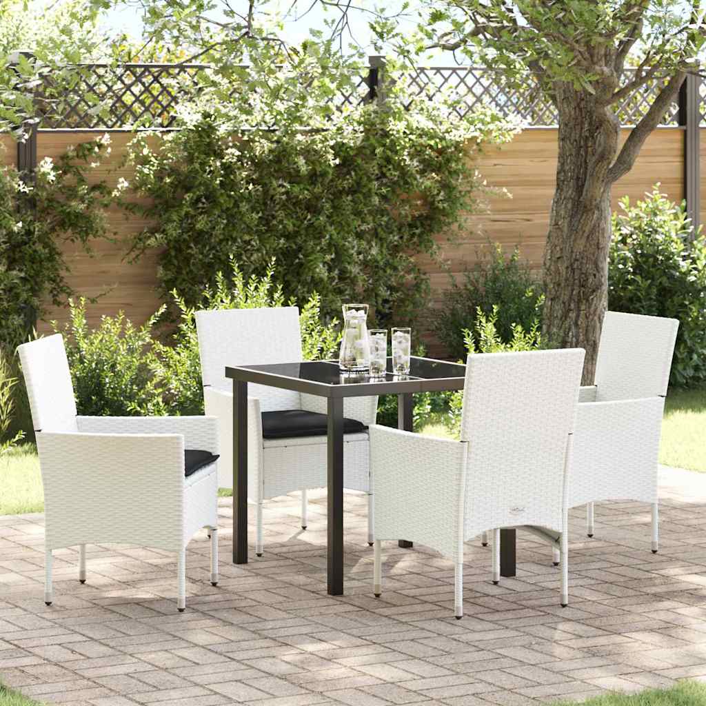 5-teiliges Garten Essset mit Kissen Weiß Poly-Rattan