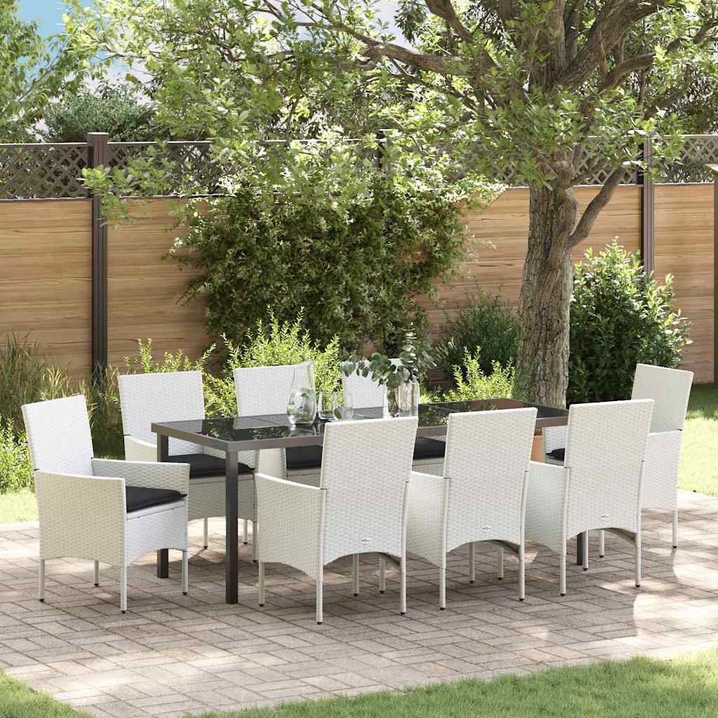 9-teiliges Garten Essset mit Kissen, Weiß Poly-Rattan