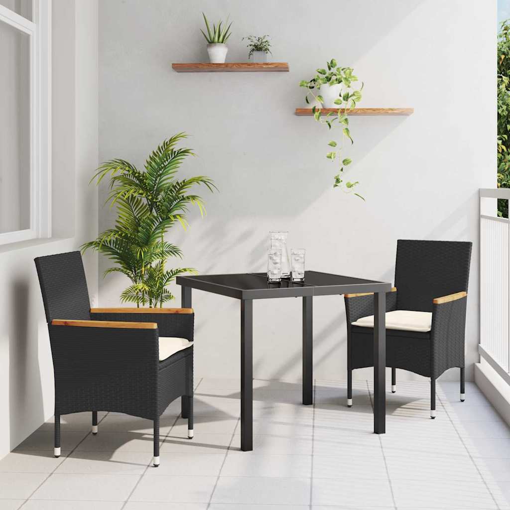 3-teiliges Garten Esstisch Set mit Kissen Schwarz Poly Rattan