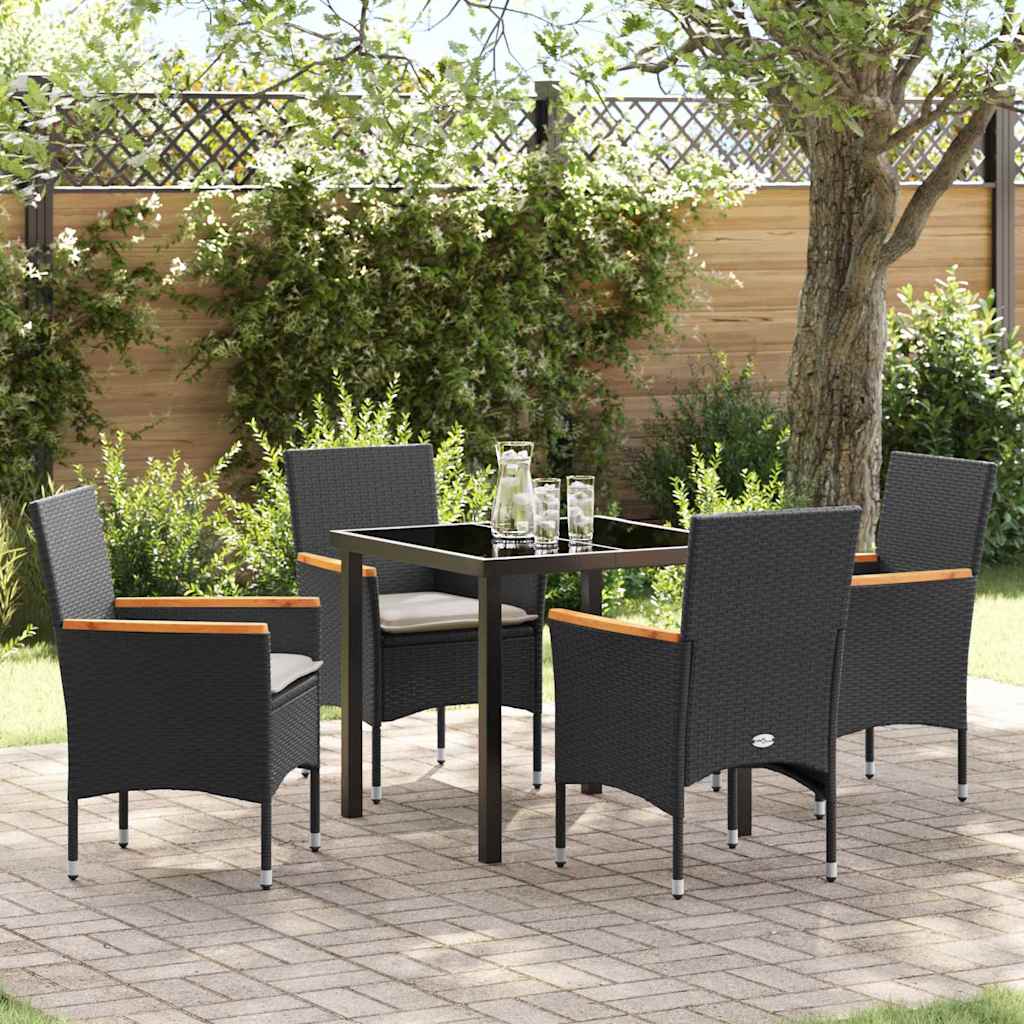 5-teilige Garten Essgruppe mit Kissen in schwarzem Poly-Rattan