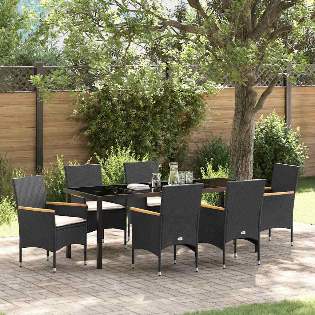 7-teilige Garten-Essgruppe mit Kissen Schwarz Poly-Rattan