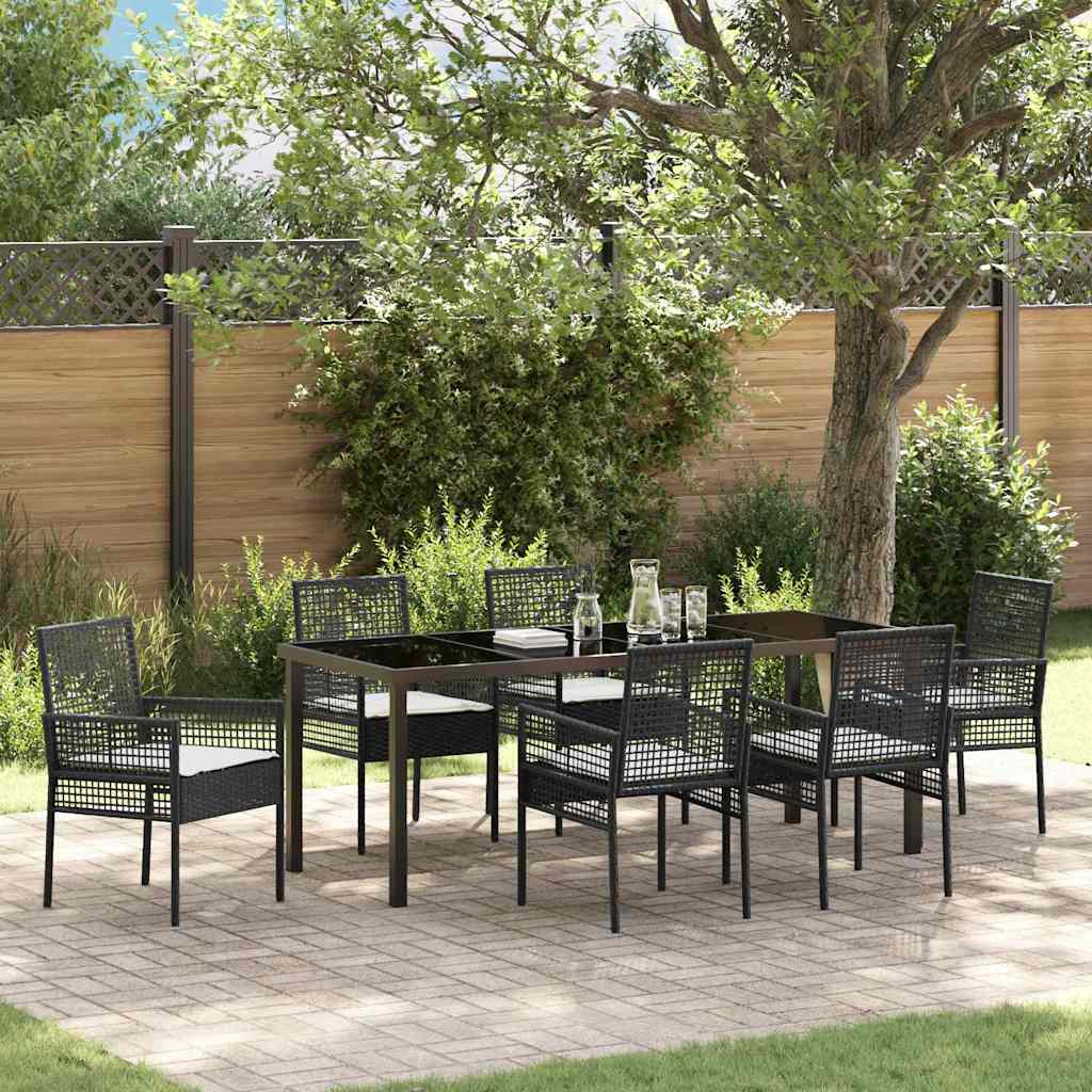 7-delt Have Spisestel med Puder Sort Poly Rattan