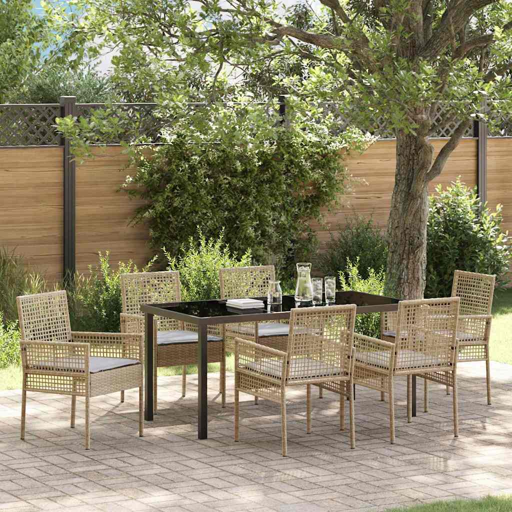 7-teiliges Garten Essset mit Kissen Beige Poly Rattan